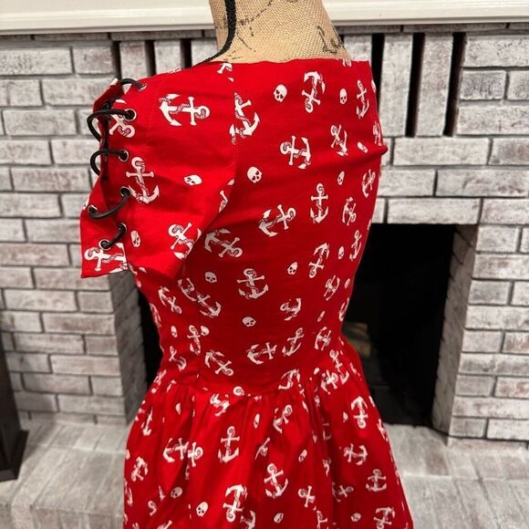 NWT Hot Topic Red Sailor Mini Dress Anchors & Skulls Medium Off Shoulder Lace Up - Picture 8 of 15